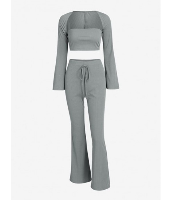 Ribbed Bowknot Three Pieces Boot Cut Pan...