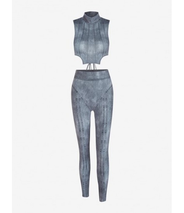 Mock Neck 3D Denim Trompe L'oeil Print S...
