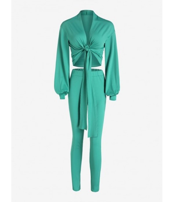 Tied Lantern Sleeve Skinny Pants Set