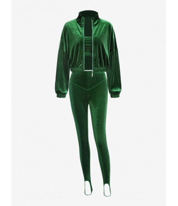 Drop Shoulder Zip Up Velvet Three Pieces...