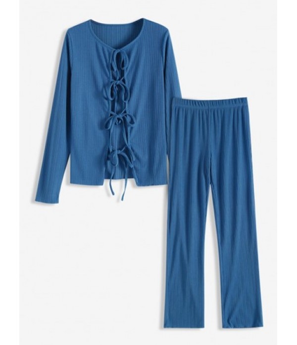 Ribbed Tie Front Straight Puddle Pants S...