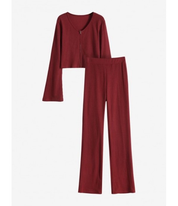Ribbed Bell Sleeve Zip Up Cardigan With ...
