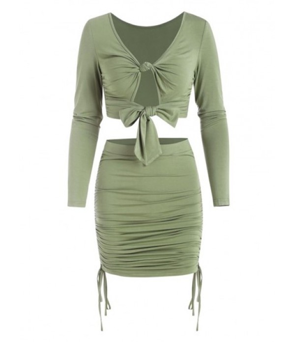 Knot Long Sleeve Crop Top And Ruched Sli...