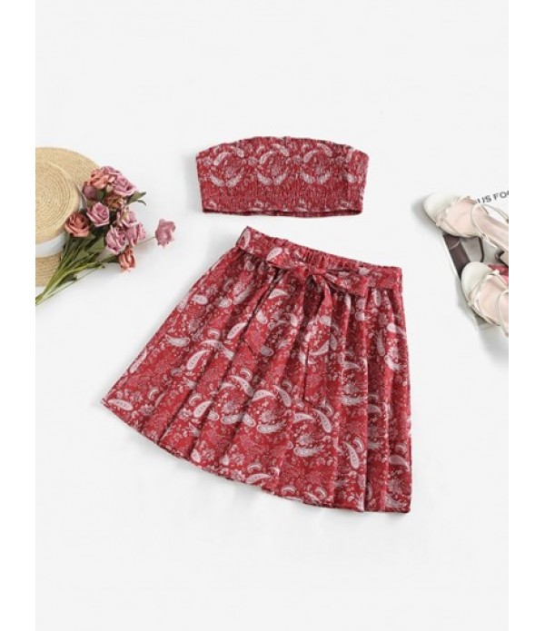 Paisley Print Smocked Bandeau Belted Ska...