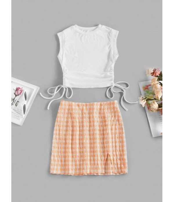 Cinched Crop Top And Gingham Slit Mini S...