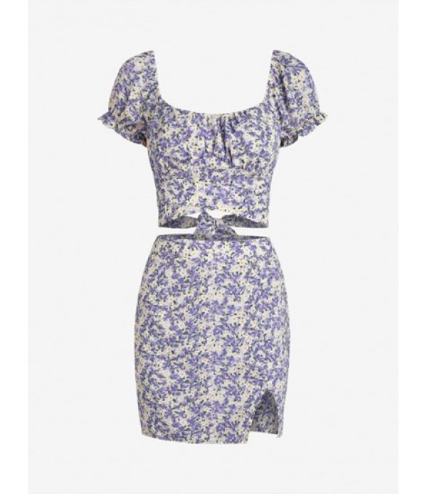 Flower Print Puff Sleeve Slit Mini Skirt...