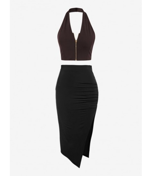 Halter Zip Front Top And Ruched Split Sk...