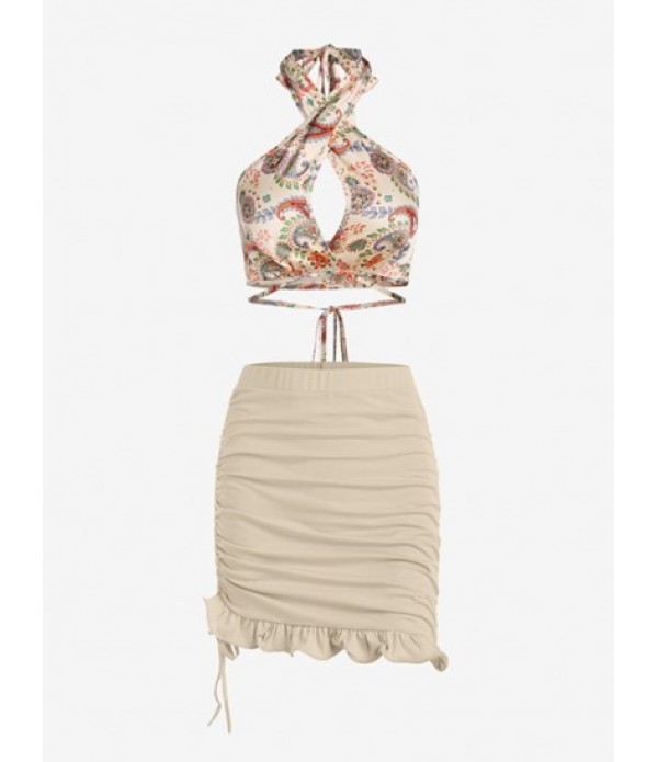 Flower Print Halter Crop Tank Top And Fi...