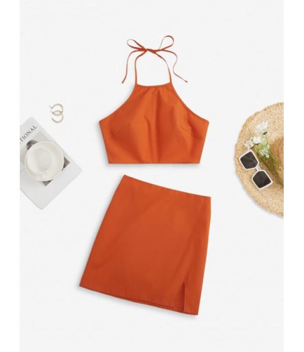 Tie Open Back Halter Top And Front Slit ... Tie Open Back Halter Top And Front Slit ...