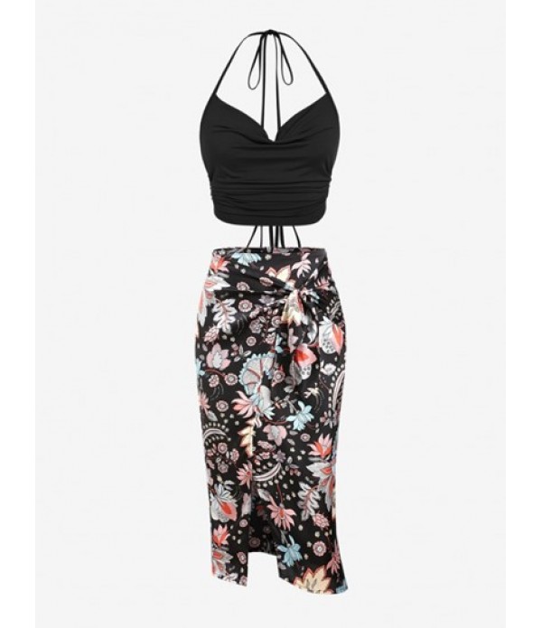 Halter Flower Print Tied Slit Skirt Set