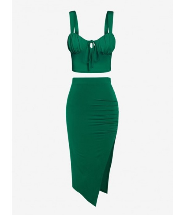 Front Tie Cupped Tank Top With Split Bod...
