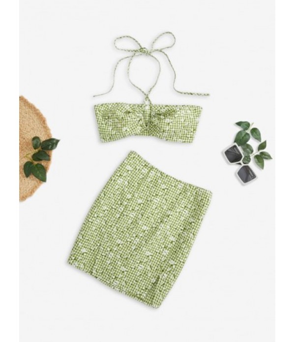 Gingham Floral Halter Slit Bodycon Skirt