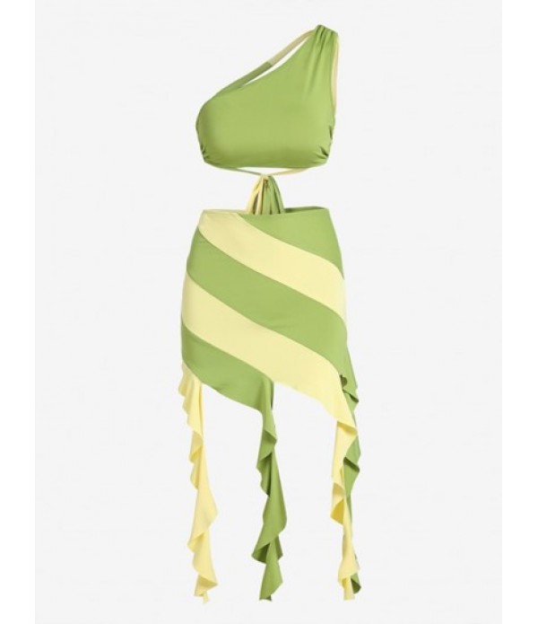 Colorblock One Shoulder Draped Ruffles S...