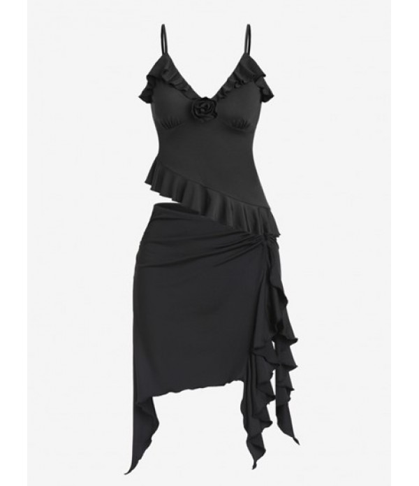 Corsage Rosettes Flounce Asymmetric Cami...