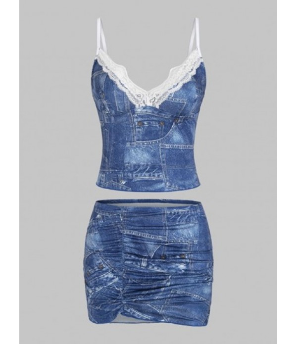 Trompe L'oeil Denim Print Lace Decor Top... Trompe L'oeil Denim Print Lace Decor Top...