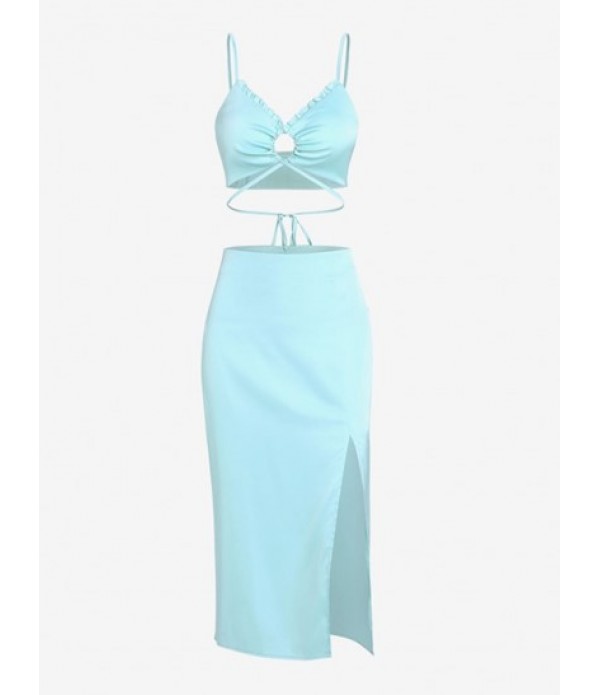 Satin Ruffle Midriff Flossing Split Midi...