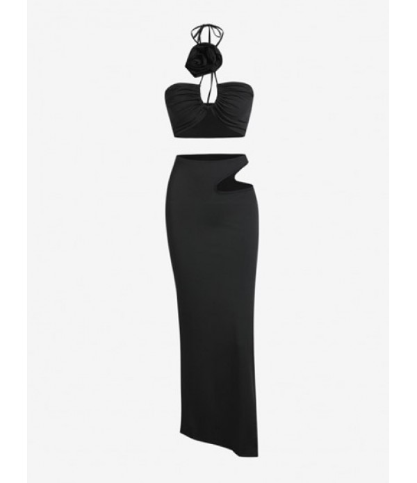 Rosette Halter Cut Out Thigh Split Maxi ...