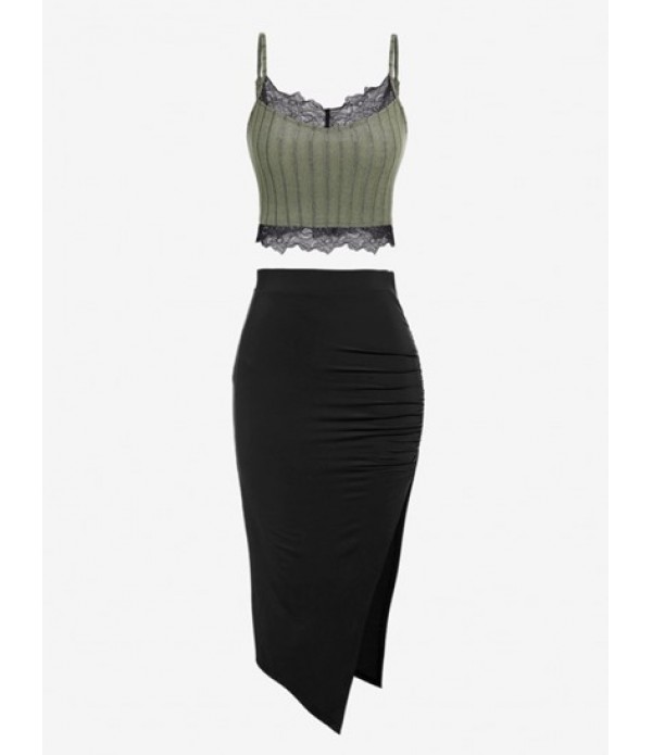 Flocking Ribbed Lace Insert Crop Camisol...