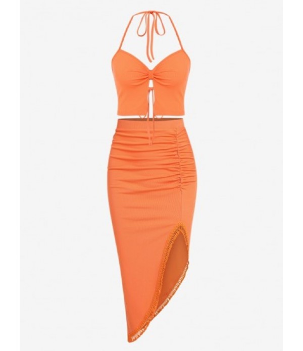 Ribbed Knot Halter Tassel Ruched Midi As...