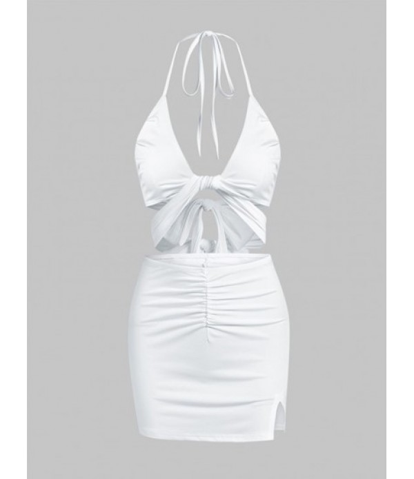Halter Twisted Ruched Slit Bodycon Skirt...
