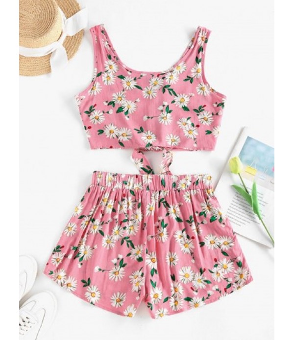 Floral Button Up Tie Hem Wide Leg Shorts Set