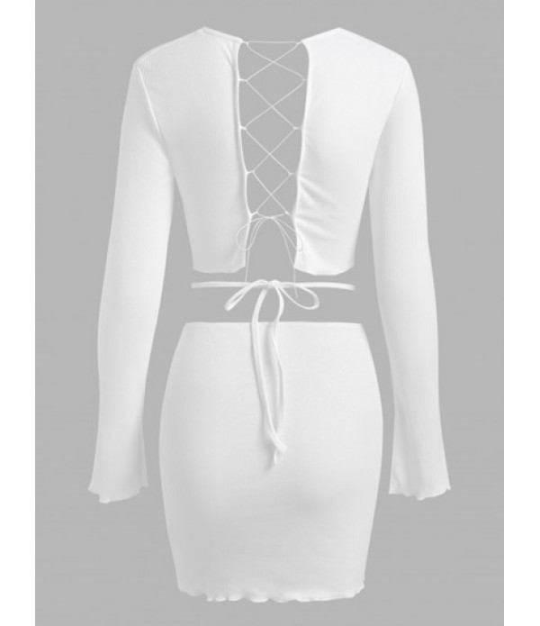 Lace Up Loop Button Midriff Flossing Skirt Set