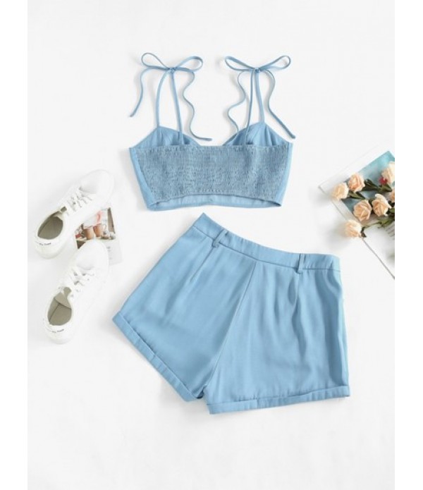 Chambray Mock Button Smocked Loose Shorts Set