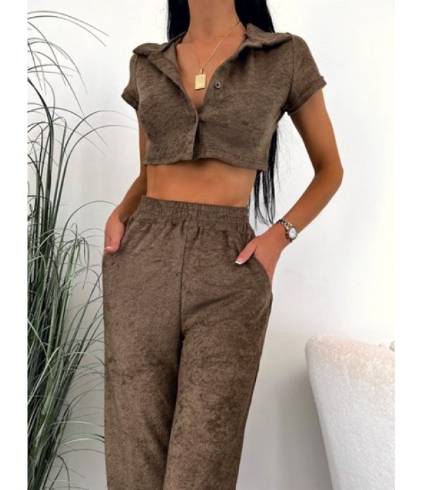 Terry Cloth Pocket Wide Leg Pants Set