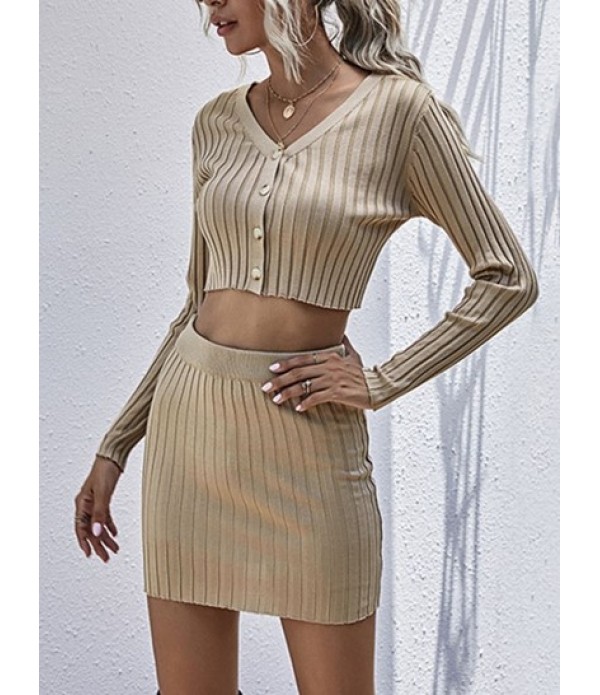 Ribbed Button Up Mini Bodycon Skirt Set