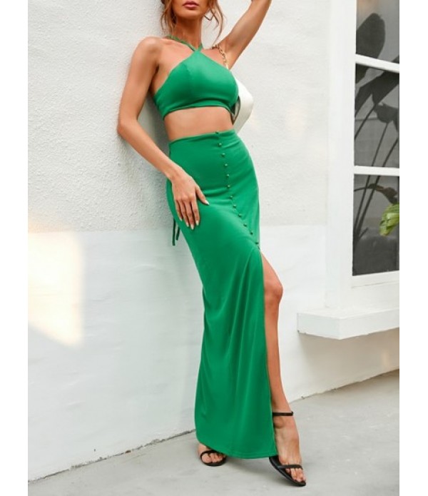 Lace Up Mock Button Split Maxi Skirt Set