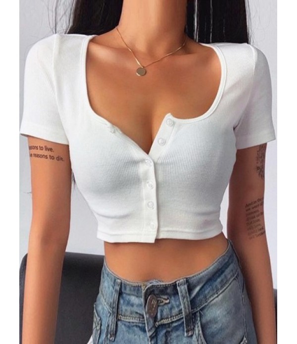 Button Up Ribbed Crop Tee With Ripped Denim Shorts