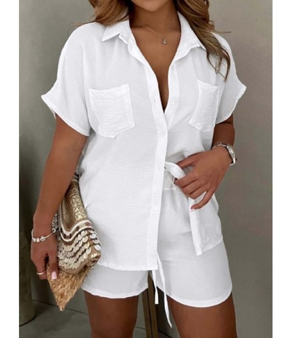Matching Two Piece Set Front Pocket Button Up Shirt And Shorts Set