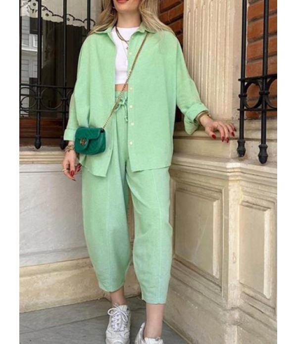 Women's Daily Casual Co Ord Two Piece Set Solid Color Drop Shoulder Button Up Shirt With High Waisted Drawstring Pockets Ninth Pants Set