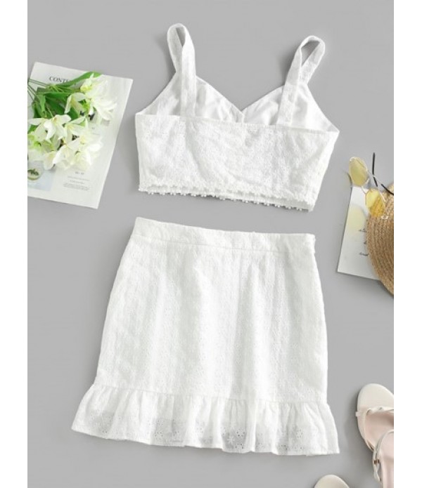 Button Up Eyelet Top And Tie Ruffles Skirt Set