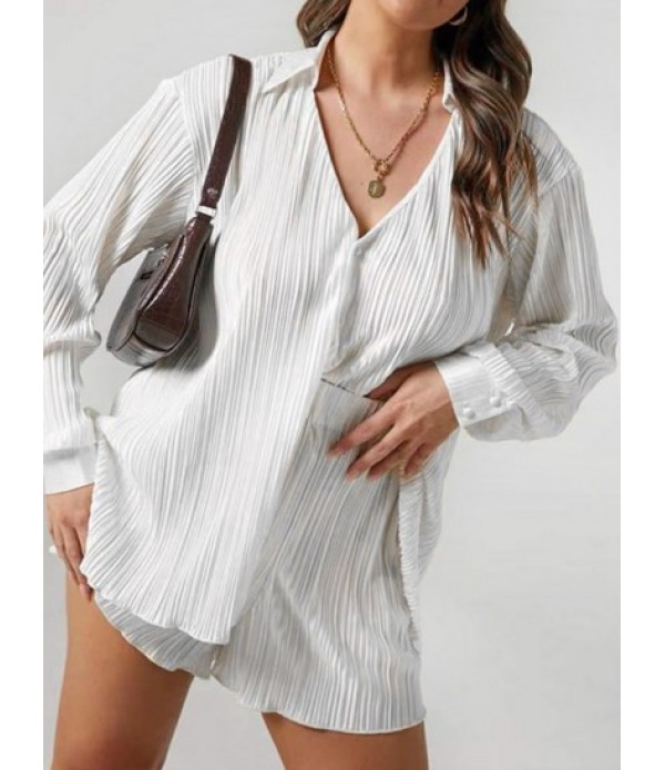 Women's Fashion Daily Matching Co Ord Set Plisse Pleated Solid Color V Notched Button Up Turn Down Collar Shirt With High Waisted Loose Shorts Set