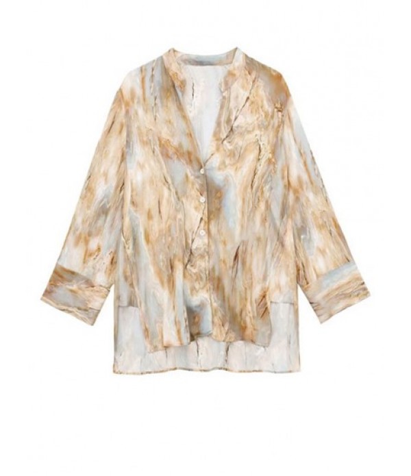 Women's Co Ord Matching Two Piece Set Tie Dye Marble Print V Notched Stand Collar High Low Slit Button Up Long Sleeve Shirt With Zipper Fly Straight Pants Set