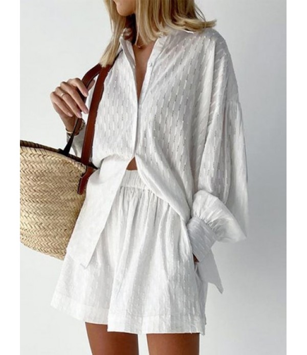 Women's Daily Fashion Co Ord Two Piece Set Textured Drop Shoulder Button Up Shirt With High Waisted Pocket Pull On Wide Leg Shorts Set