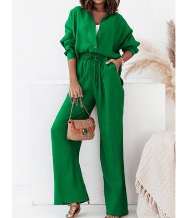 Women's Daily Casual Co Ord Two Piece Set Solid Color Drop Shoulder Button Up High Low Shirt With Drawstring Pocket High Waisted Straight Pants Set