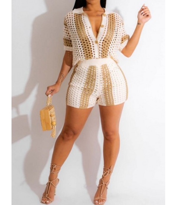 Women's Sexy Matching Two Piece Vacation Crochet Knit Openwork Hollow Out Colorblock Striped Button Up Collared Top And Shorts Set
