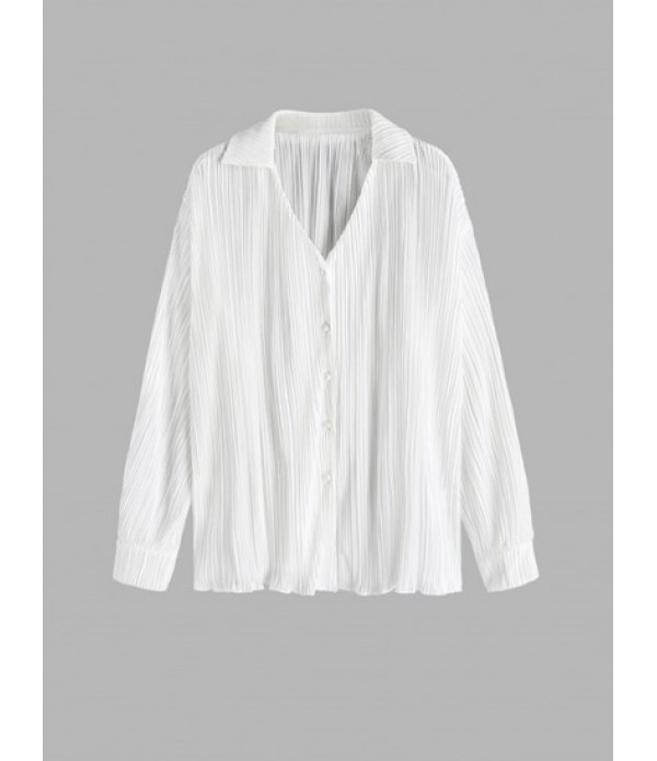 Women's Two Pieces Plisse Pleated Solid Color Long Sleeve V Neck Button Up Shirt And High Waist Wide Leg Pants Set 90s Minimalism Fashion Co Ord Set