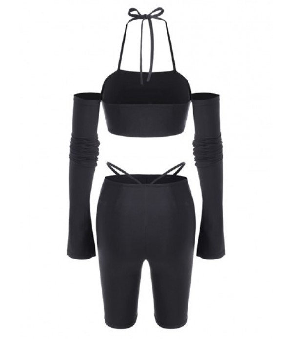 Halter Long Sleeve Cutout Biker Shorts Set