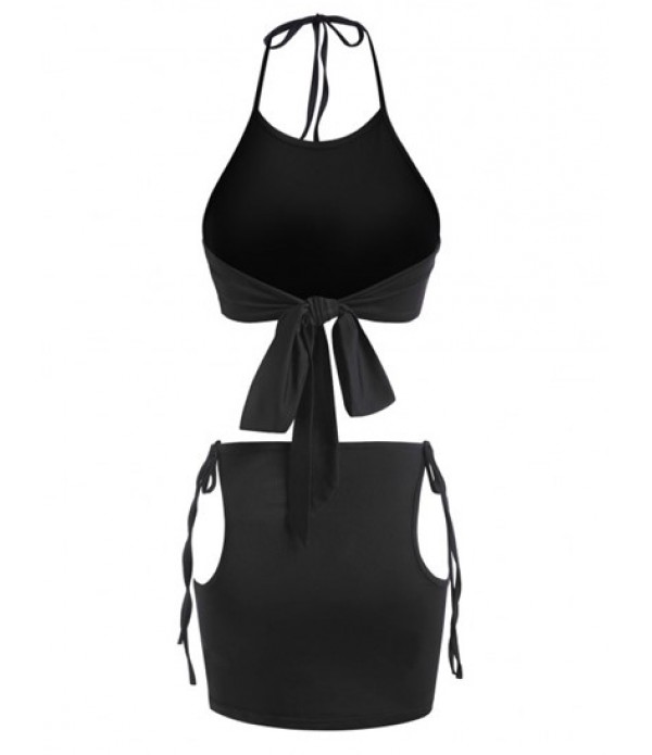 Cutout Tie Halter Two Piece Skirt Set