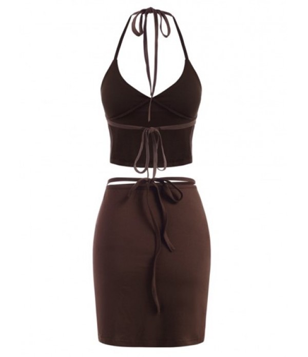 Halter Tie Wrap Midriff Flossing Two Piece Dress