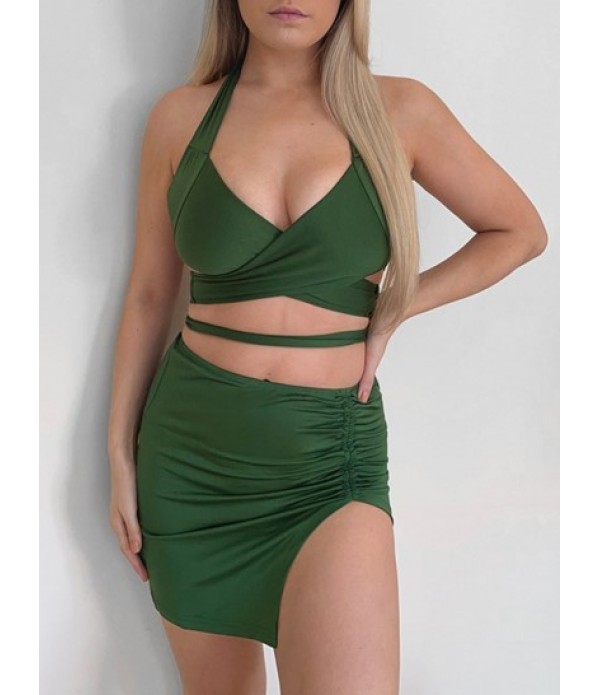 Crossover Cutout Halter Ruched Skirt Set