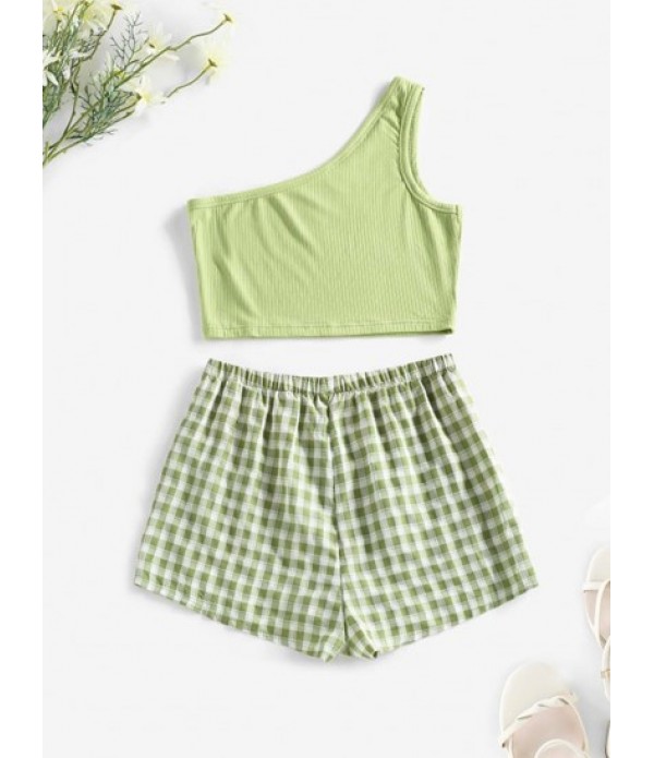 Ribbed One Shoulder Tank Top And Plaid Shorts Set