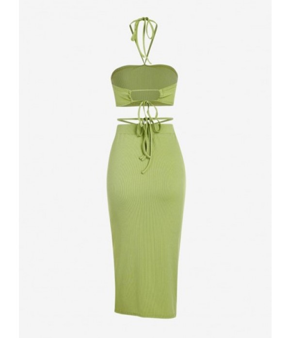 Halter Ribbed Top And Floss Criss Cross Skirt Set