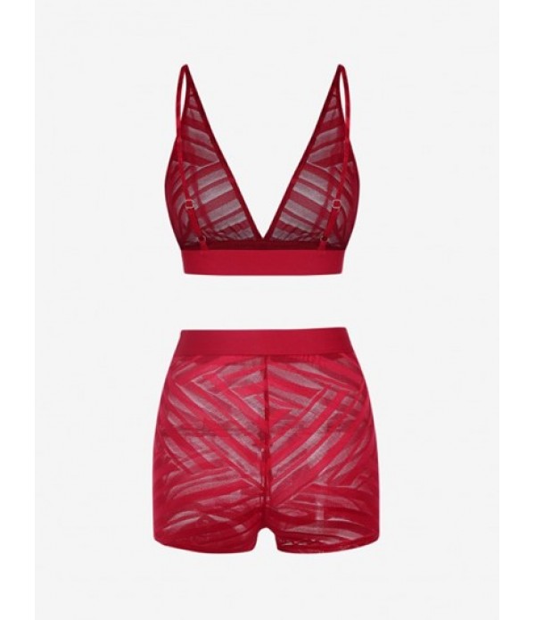 Mesh Shadow Stripes Bralette Top And Shorts Set