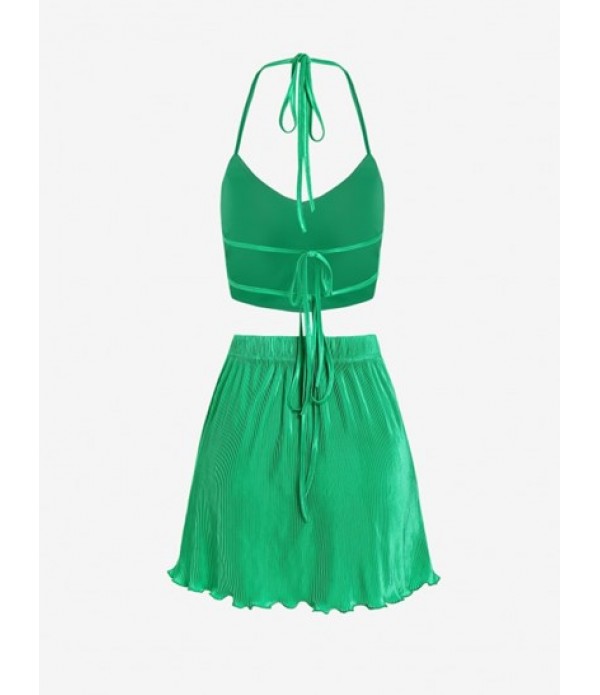 Tie Open Back Silky Top And Pleated Skirt Set