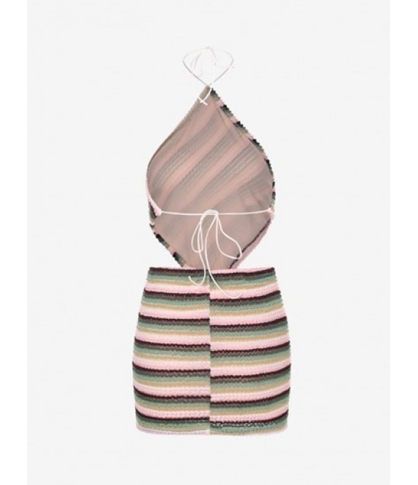 Textured Stripes Tie Open Back Scarf Two Piece Dress Textured Stripes Tie Open Back Scarf Two Piece Dress