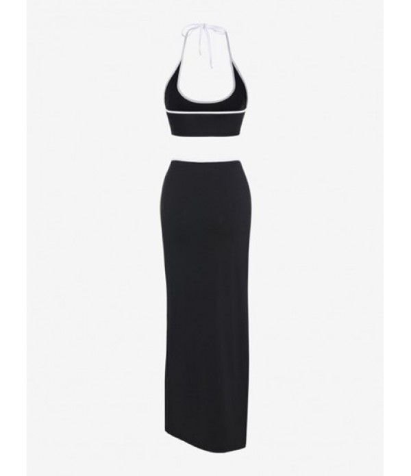 Contrast Piping Oval Cutout Thigh Slit Two Piece Dress